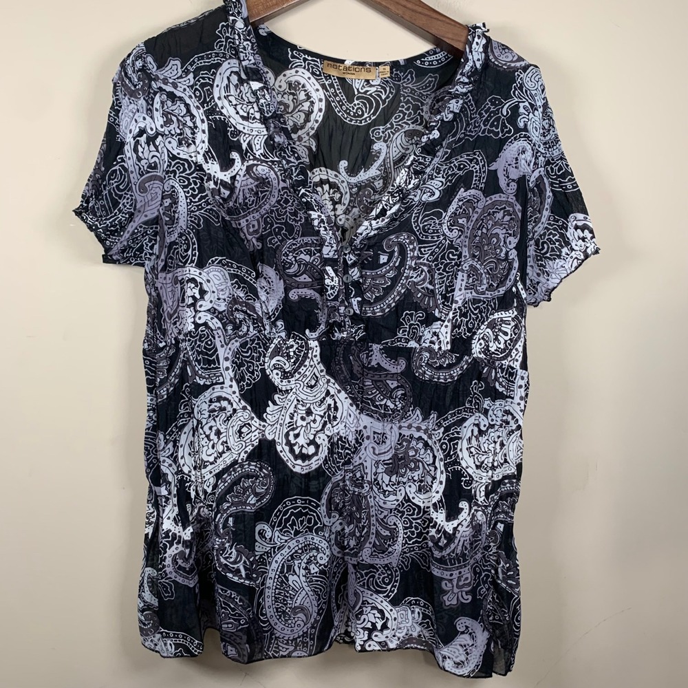Notations Woman Black/White Paisley Sheer Baby Doll Blouse Size  Y2K